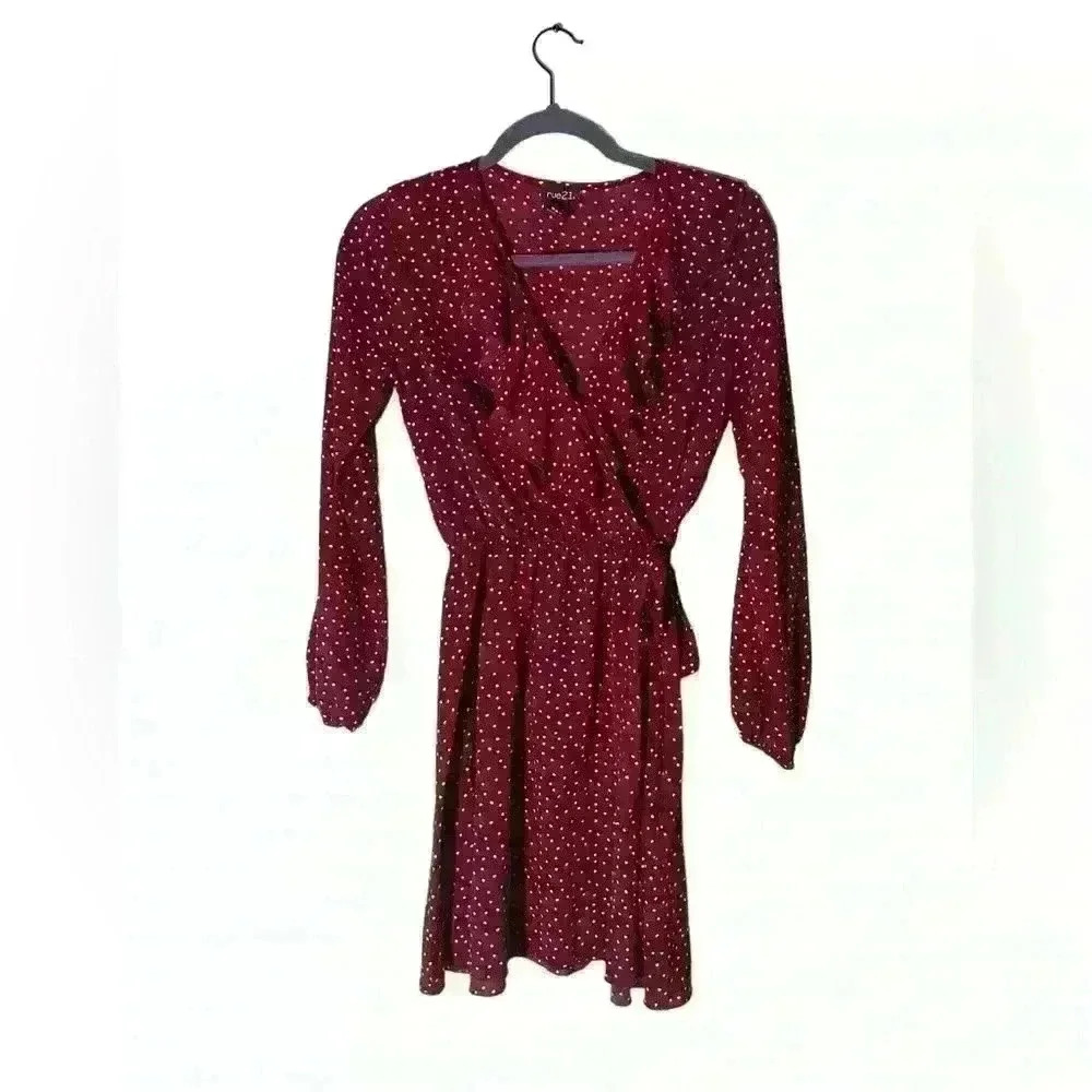 Rue 21 Maroon Dress with White Dots, V-neck, Long Sleeves, Size XS